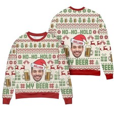Custom Face Ho Ho Hold My Beer Christmas Family Ugly Sweater Personalized Photo