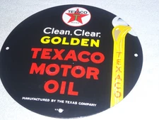 VINTAGE 1948 CLEAN, CLEAR TEXACO MOTOR OIL 11 3/4" PORCELAIN METAL GASOLINE SIGN