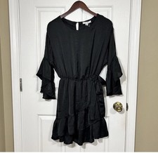 Favlux Fashion Black Satin Ruffle Mini Dress Small Tiered Bell Sleeve