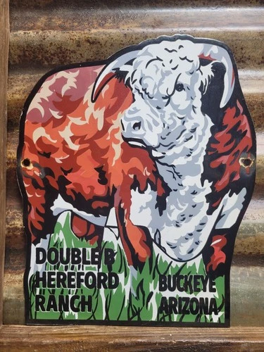 VINTAGE RANCH PORCELAIN SIGN OLD DOUBLE B HEREFORD CATTLE FARM COWBOY ARIZONA