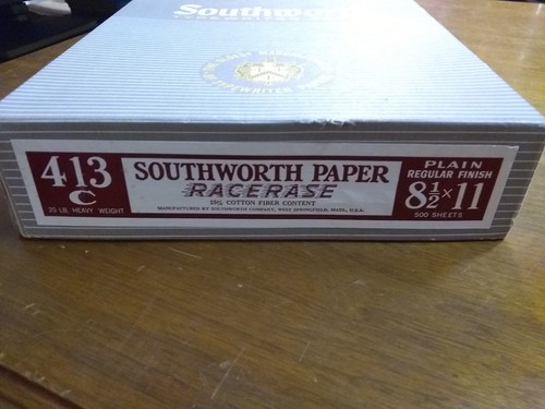 Southworth Typewriter Paper 413 C RaceRase 25% Cotton Fiber Open Box