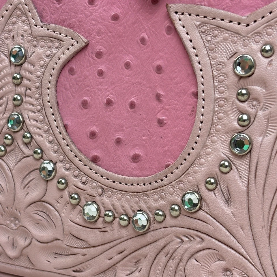 Bolso de Mano American West Tooled a Mano Floral Cuero Rosa Estrás Tachonado Foto 4 de 4