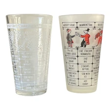 2 Vintage Federal Glass Co. Glass Cocktail Mixers w/Graphics Frosted Clear 1950s