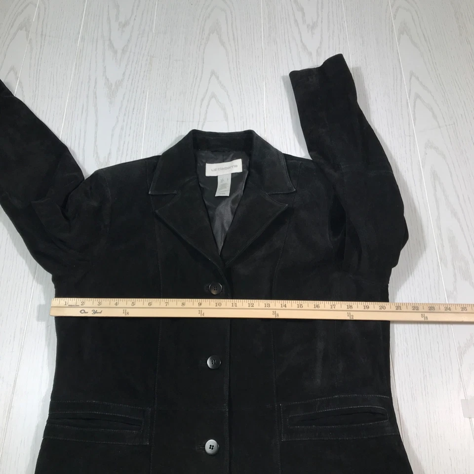 Chaqueta Liz Claiborne Cuero Gamuza Negra Mujer L Blazer Forrado Bolsillos 3 Botones Foto 3 de 4