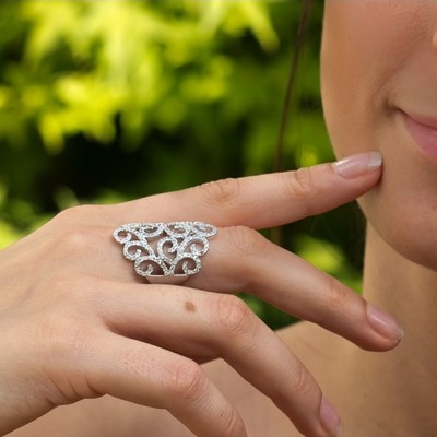 Dolly-Bijoux Bague T56 Rhodié Filigrane Micro-sertie de Diamant Cz