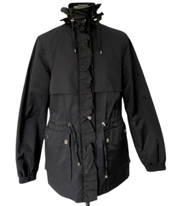 BETSEY JOHNSON JACKET RUFFLE RAIN SHELL COAT POCKETS CINCH BLACK SIZE M