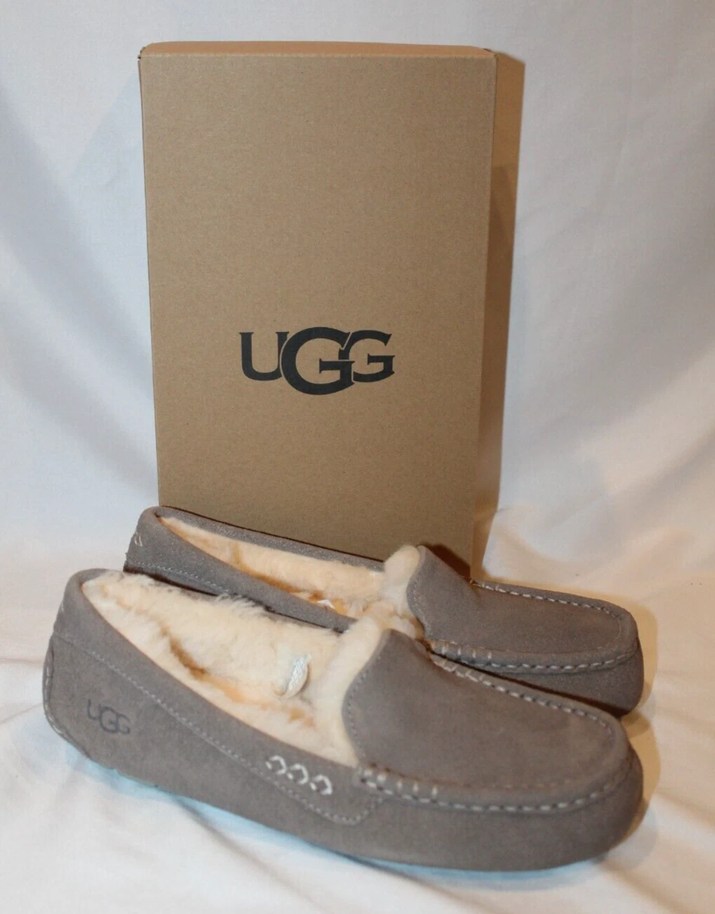 PANTOFOLE NUOVE CON SCATOLA UGG DONNA ANSLEY SCAMOSCIATE FODERATE IN SHEARLING GRIGIO ARDESIA TAGLIA 8