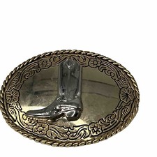 Cowboy Boot Belt Buckle Vintage Etched and Engraved Metal