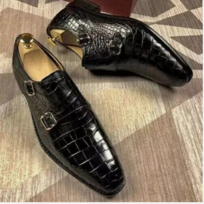 Handmade Leather Shoes Black Crocodile Pattern Double Monk Formal Dress Shoe