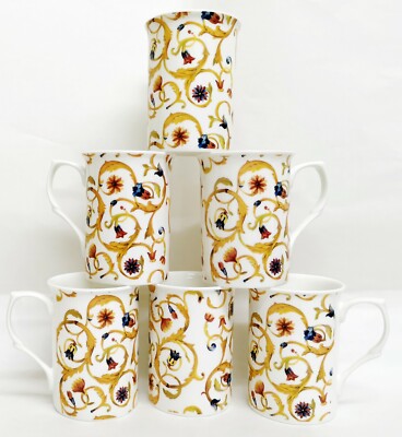Floral Yellow Scroll Damast & Mica Gold Becher Set 6 Fine Bone China Castle Cups 