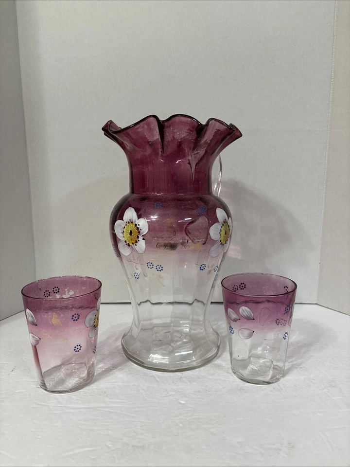 Antique Victorian Ruby Flash Glass Pitcher and 2 Matching Glasses Hand Painted - Image 2 of 4