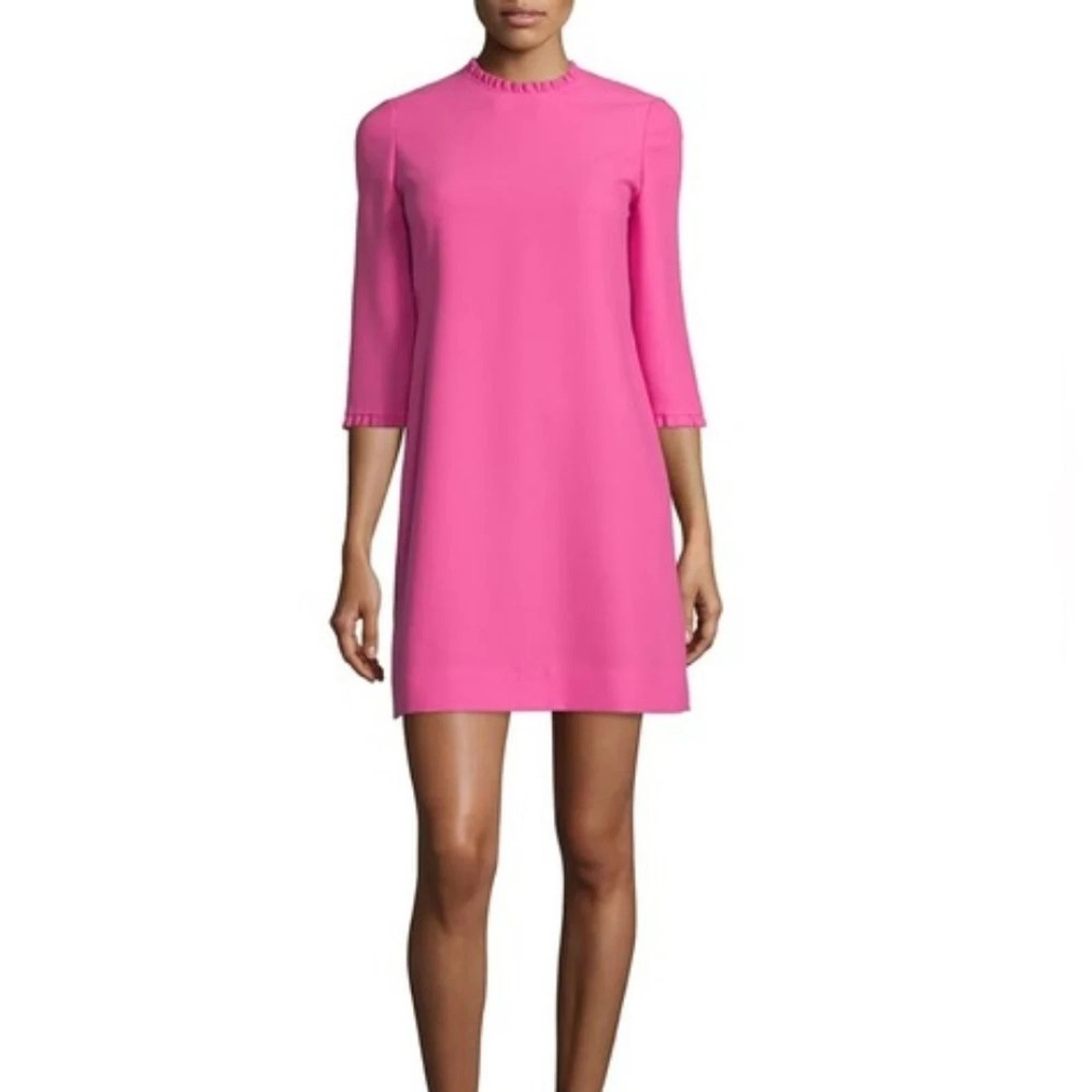 Mini abito Kate Spade New York rosa caldo vertiginoso collo arricciato maniche lunghe 3 4