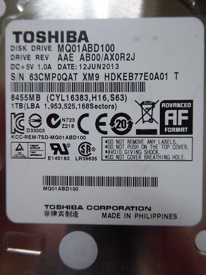 Toshiba MQ01ABD100 AAE AB00/ AX0R2J | 12JUN2013 | 1TB 