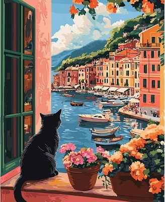 NEWENMO DIY Seelandschaft Malen Nach Zahlen Erwachsene,Schwarze Katze Paint by