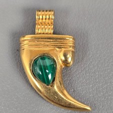 Cool Egyptian Revival Brass Claw/Tooth Shape Pendant Green Malachite Teardrop