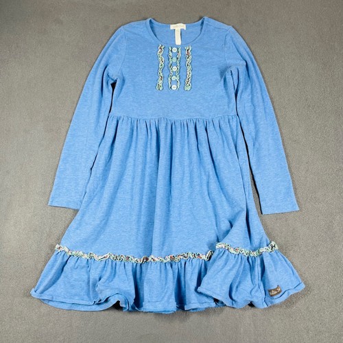 Matilda Jane Girls Ruffle Hem Blue Long Sleeve Dress Size 8 Boho Playful Style