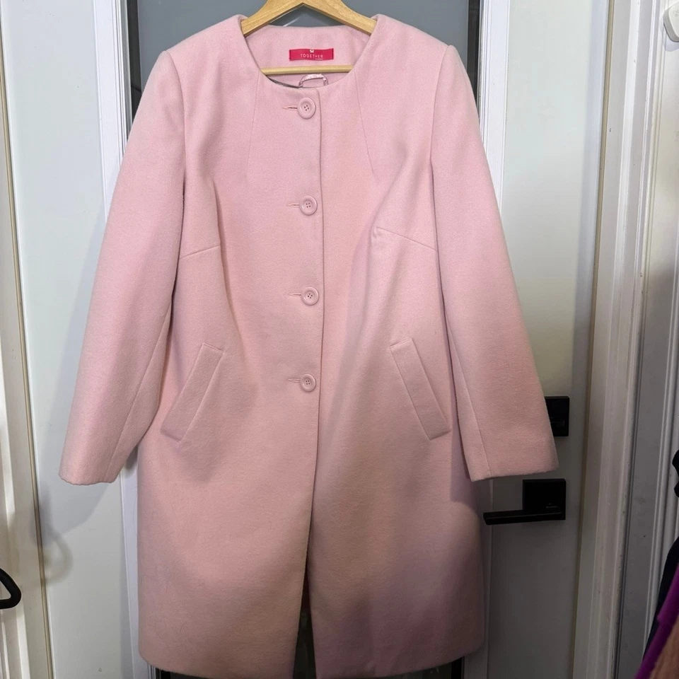 Abrigo Together Rosa Claro Sin Cuello Botón Bolsillos Delanteros Talla 14 Usado Foto 2 de 4
