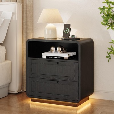 25'' Black Nightstand With Charging Station & LED Light, 2 Rattan Drawers