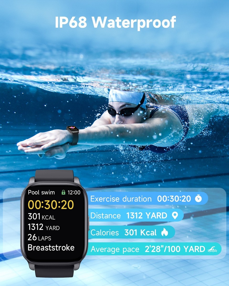 TOOBUR Smartwatch voor heren, dames, Alexa ingebouwd, IP68 waterdicht, zwemmen, 1,8 inch fitnesshorloge met beantwoorden en bellen/hartslag /stappenteller/slaaptracker/100 sporten, compatibel met