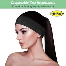 100 -Pk Disposable Elastic Headbands Snap Closure Spa Daily Facial Makeups Bands