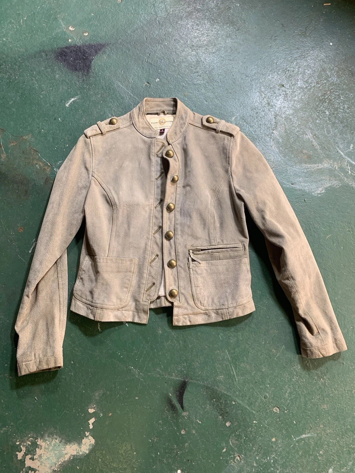 Wilsons Leather Pale Green Button Down Military Style Jacket Brass Accents S