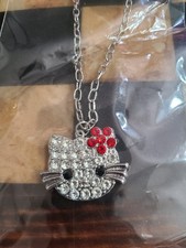 Hello Kitty Rhinestone Bling Fashion Necklace  Earrings, Silver Tone, 20" , NEW