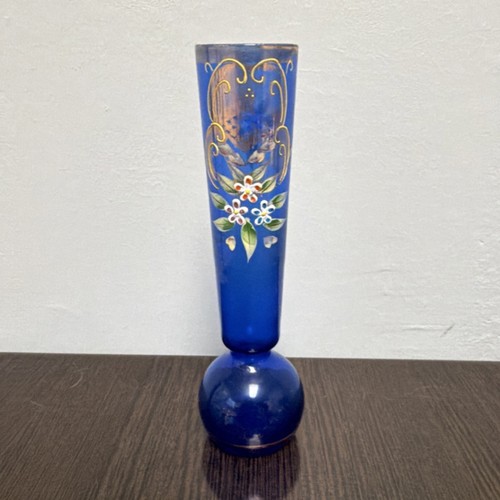 Blue Art Glass Vase Hand Painted Floral Design Gold Rim Decorative Glossy