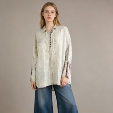 NWOT Johnny Was Stripe Embroidered Long Sleeves Tunic Blouse Top Size S