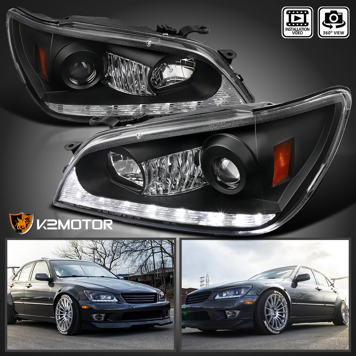 Black Fits 2001-2005 Lexus IS300 LED Strip Projector Headlights