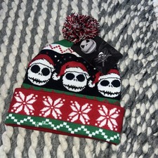 Disney The Nightmare Before Christmas Knit Pom Beanie Winter Hat Black Red NWT