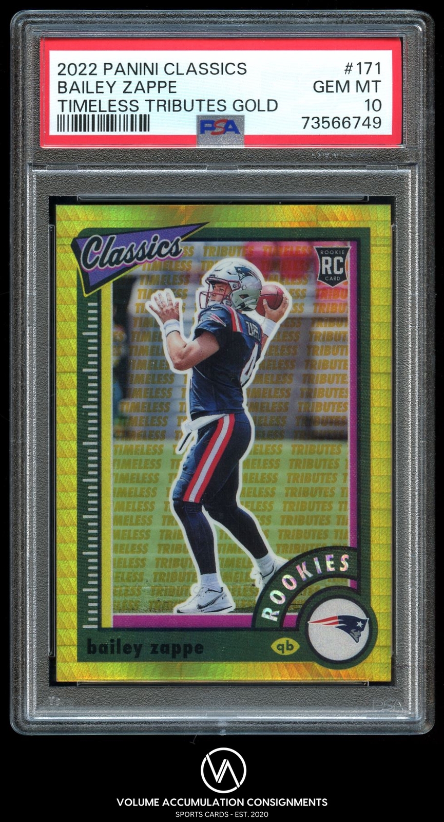 Bailey Zappe Panini Classics #171 Timeless Tributes Gold