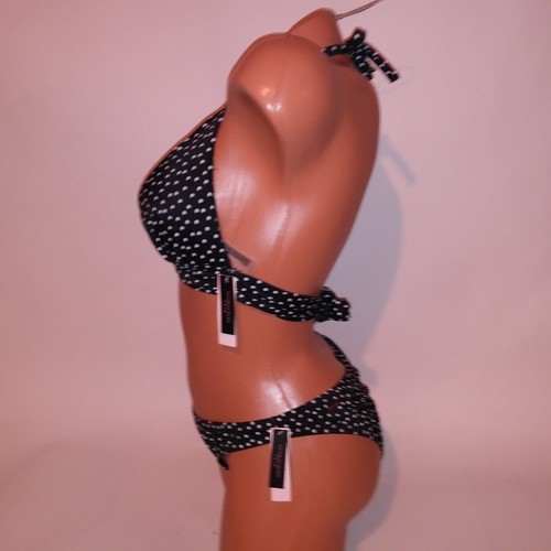 Victoria Secret Swim Bikini Large Top & Bottom Black White Polka Dots Halter New - Picture 7 of 17