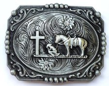 CROSS PRAYING FAITH ANIMAL HORSE SILVER RODEO COWBOY WESTERN BELT BUCKLE