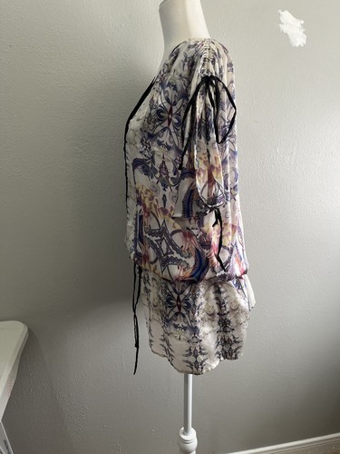 Zara Floral Silk Tunic Blouse Women Small Waist Drawstring Rushed Sleeves - Picture 6 of 13