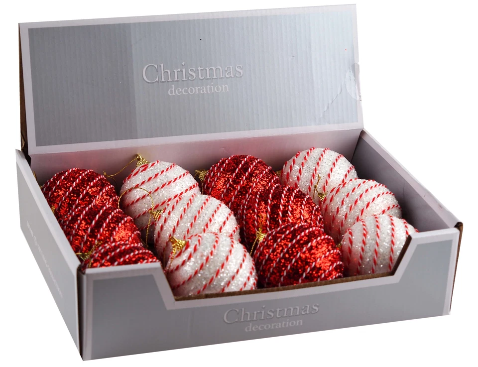 Candy Cane Christmas Baubles Tree Decorations - Red White Yarn Swirl - Set of 12