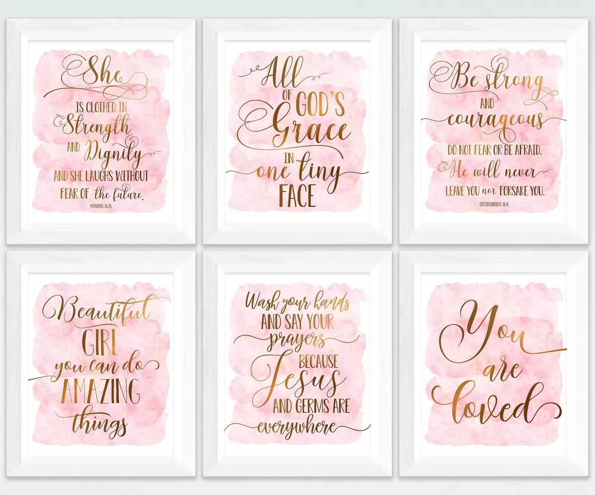 Set Of 6 Nursery Printable Bible Verse Wall Art, Pink Gold Nursery