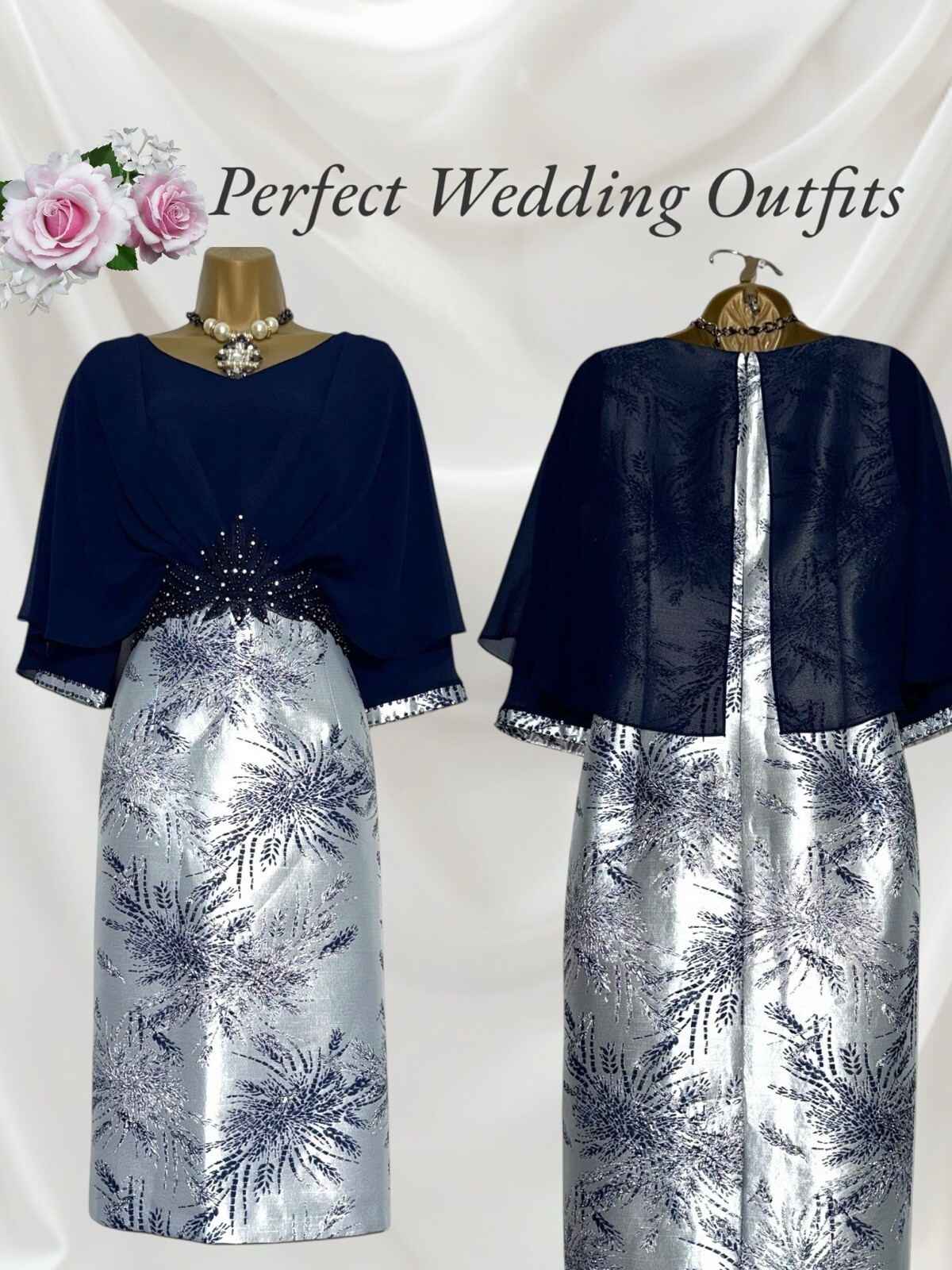 Vestido de Madre de la Novia LIZABELLA Talla 8 Nuevo con Etiquetas Azul Marino Plateado Jacquard Boda