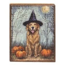 NEW Primitive Witch DOG Wood Block Fall Autumn 5"x4"x1" Distressed Harvest