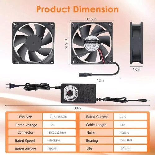80mm Small Computer Fan with AC Plug 110V 120V 220V 240V Fan with Speed Cont... - Picture 2 of 6