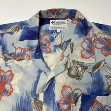 Columbia Camp Shirt Men’s Large 100% Silk Boating Ocean Graphic Button Up