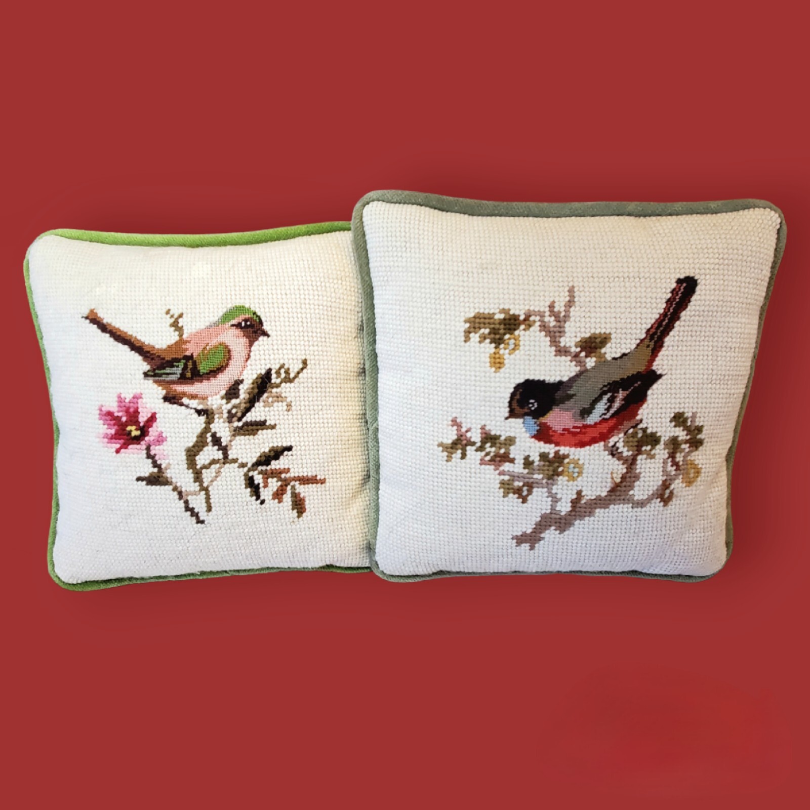 Small Needlepoint Accent Pillows Pair Beautiful Bird Nature Wildlife