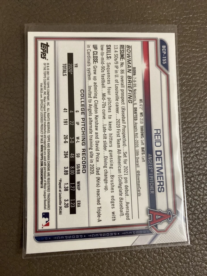 Reid Detmers 2021 Bowman Chrome Sapphire #BCP-155 Angels - Image 2 of 2