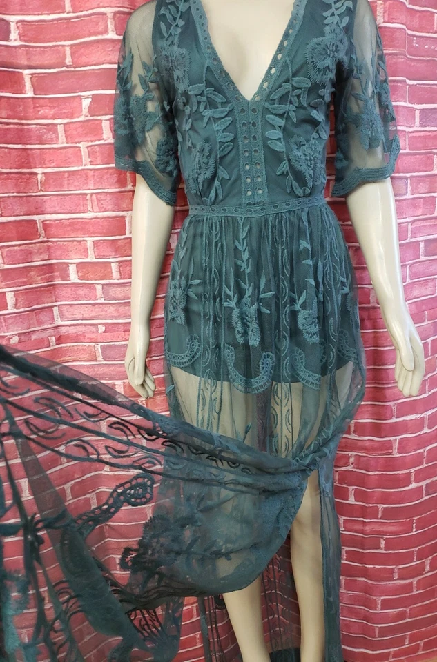 Malibu Sky, Raro Para Mujer Bohemio Encaje Talla S Mameluco Pantalones Cortos Vestido Verde #W2 Foto 3 de 4