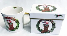 PPD Paperproducts Trend Mug Claudette Bird w Holiday Wreath & Holly Stocking