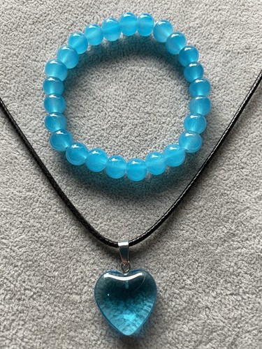 turquoise Glass Bead Bracelet & heart shaped Pendant On A Black Cord Necklace 💙 - Picture 2 of 2