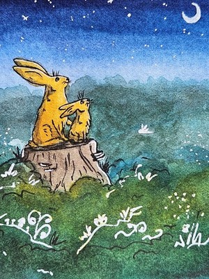 Hasenvater Aquarell Gemälde Wald Tier Kinderzimmer Deko Kunst Baby Mädchen Junge