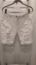 Women's Distressed Knee Length Ripped Stretchy Jean Shorts White Size XL