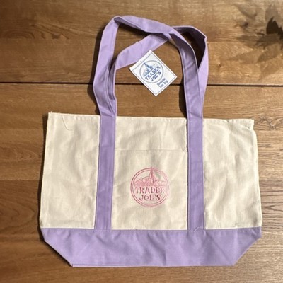 Trader Joe's Canvas Tote Bag Beige Purple Solid Reusable Shopping