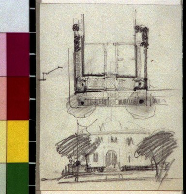 Unidentified structure two story, five bay with arched entrance in formal