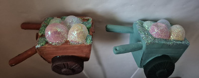8 Easter Holiday Floral Picks Wheelbarrow W/Glitter Easter Eggs 4 Brown &4 Green